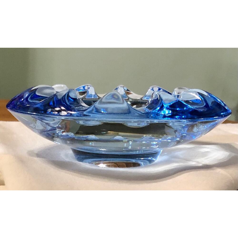Sklo Union Adolf Matura Rosice Blue Glass Crystal Mid Century Ashtray Bowl 1960s
